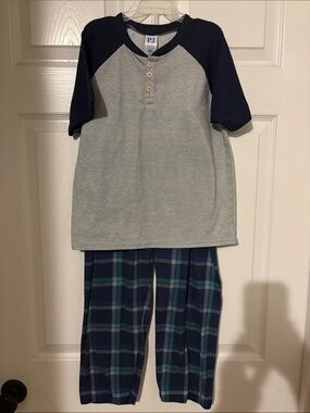 Boys Size 7/8 Grey Henley Top with Navy & Teal Plaid Pajama Pants